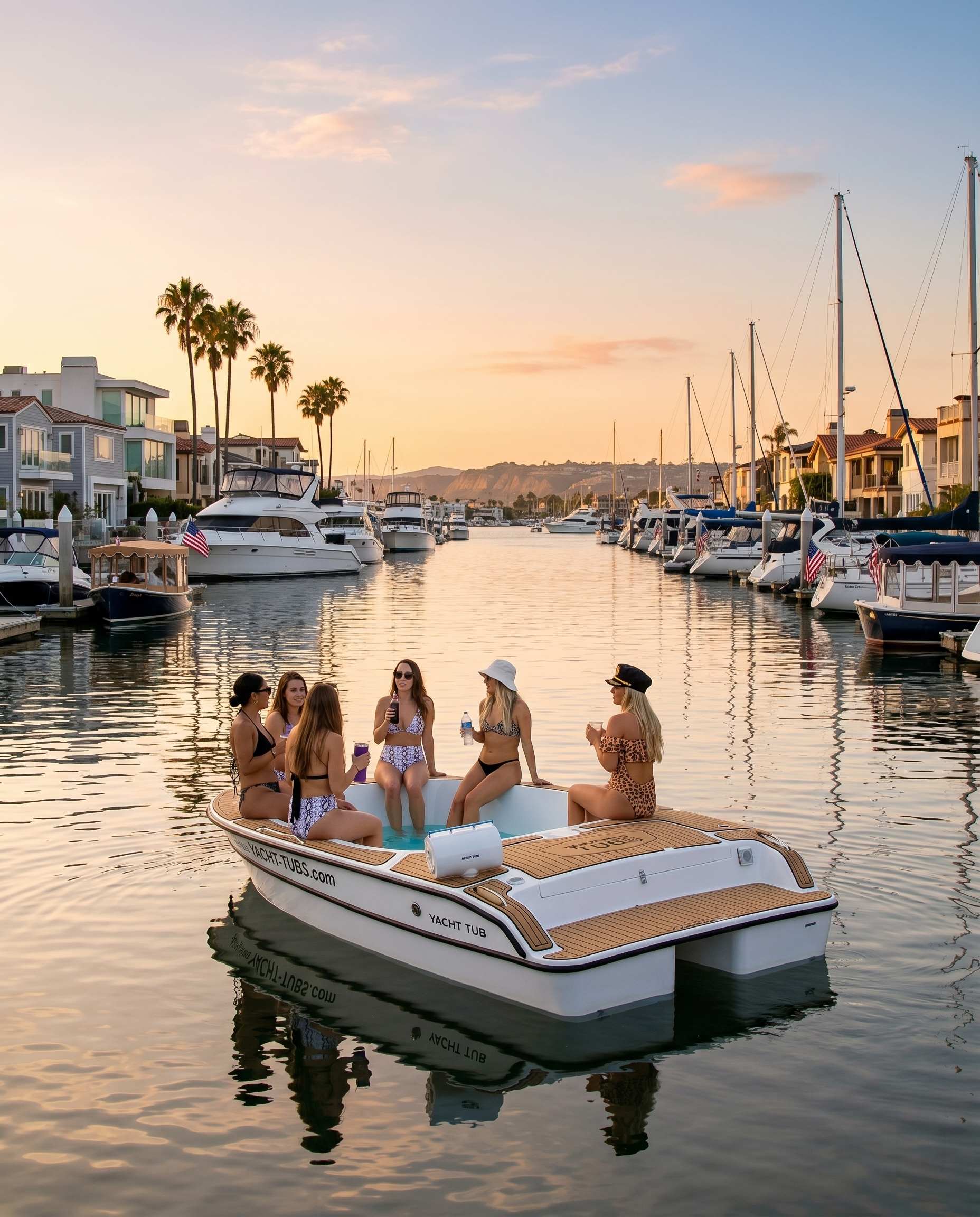 Six guests on a hot tub boat at sunset on Newport Harbor, surrounded by moored sailboats and waterfront homes