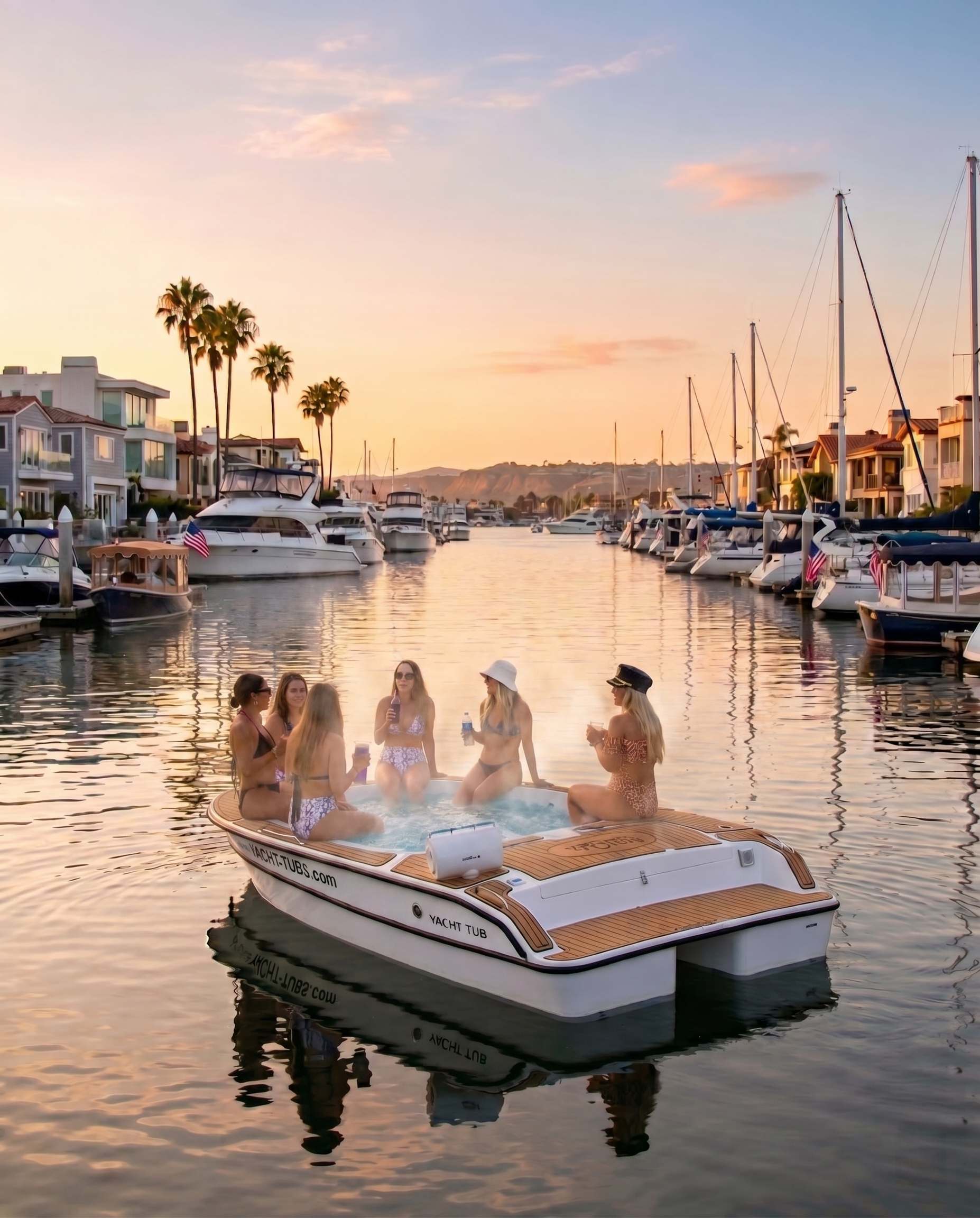 Guests relaxing in a hot tub boat in Newport Harbor at sunset, with waterfront homes and yachts in the background