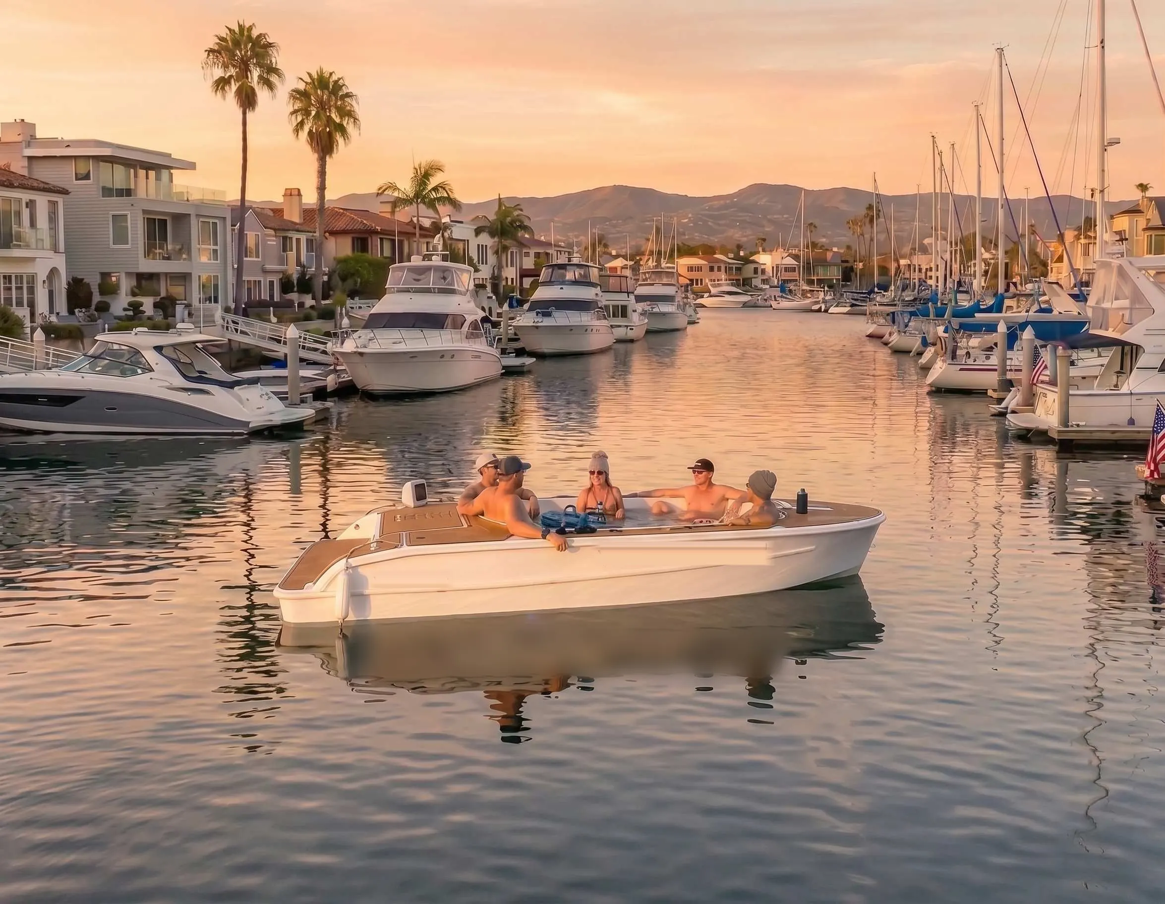 A hot tub boat with five guests aboard on Newport Harbor at sunset, moored yachts and waterfront homes behind it