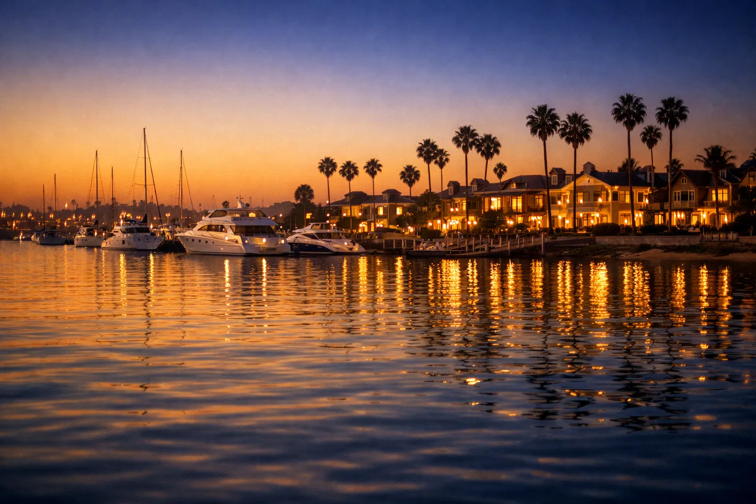 Newport Harbor at sunset with yachts and waterfront homes